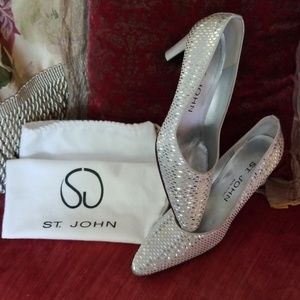 St. John Silver Satin Mirror Tile Evening  Shoes